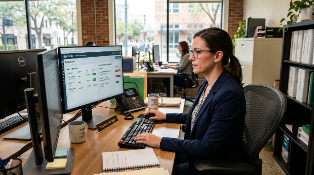 A property manager reviewing tenant rent payments and maintenance requests on property management software on a desktop computer in a US office
