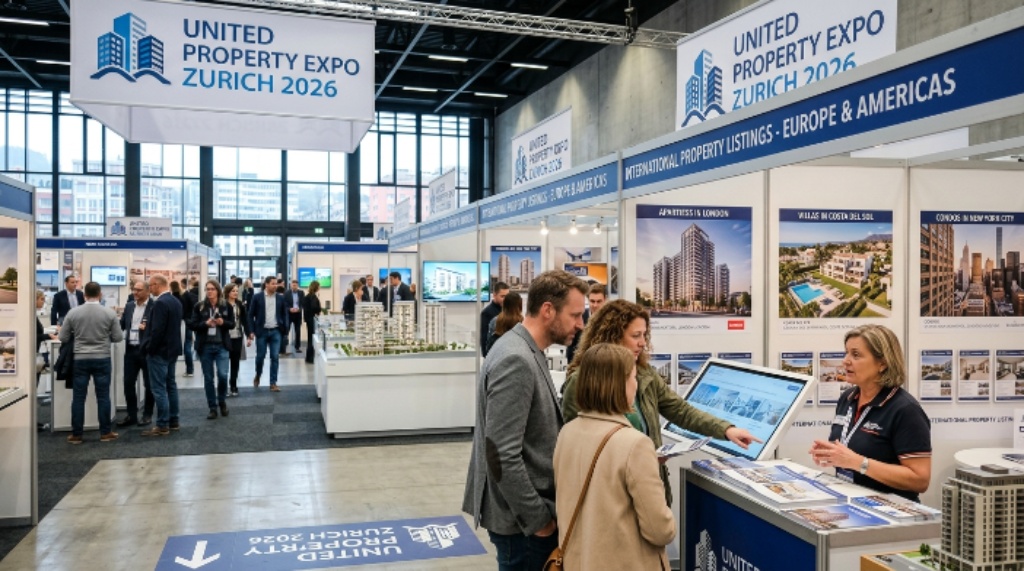Visitors exploring international property listings at UNITED PROPERTY EXPO Zurich 2026 exhibition hall