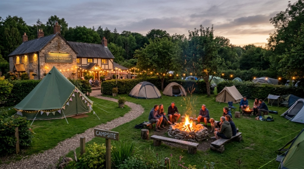 Rural pub garden converted into a small campsite with tents and fire pits