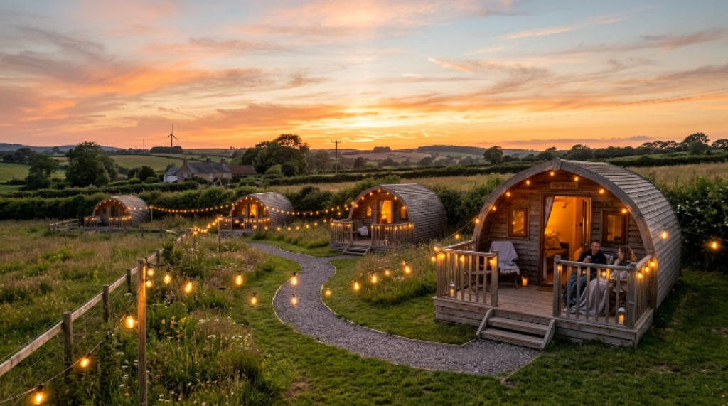 UK glamping pods in a countryside field at sunset with string lights
