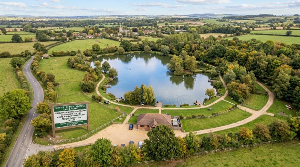 An aerial view of a small fishing lake and surrounding amenity land listed for sale as UK recreational land in 2026