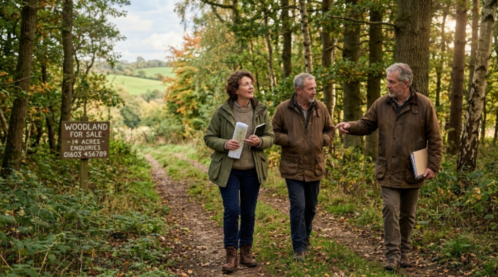 A buyer walking through a privately owned mixed woodland plot in rural England, representing the UK recreational land market in 2026