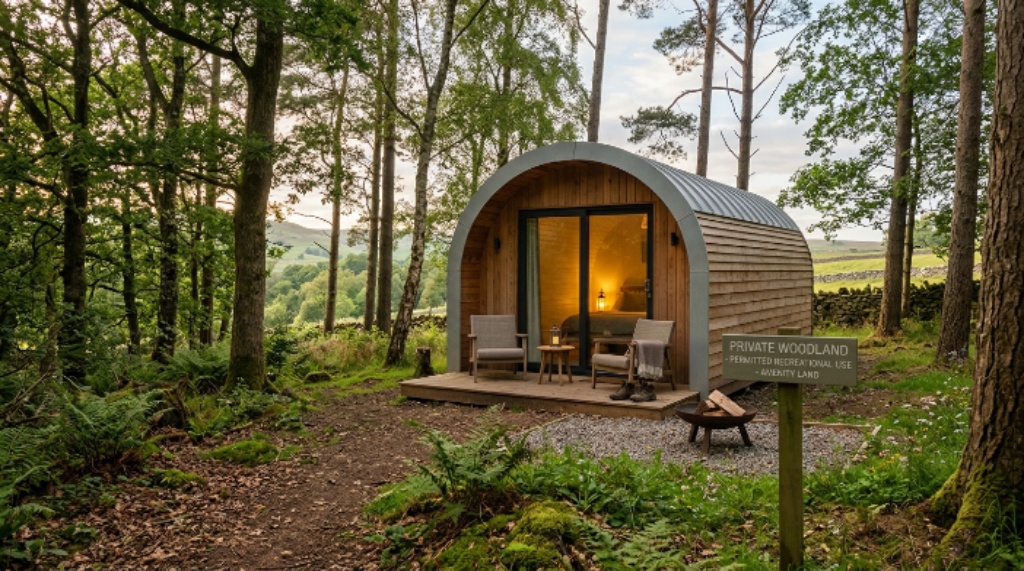 A glamping pod set up on privately owned woodland land in the UK countryside, illustrating one permitted recreational use of amenity land