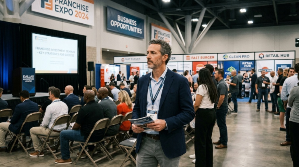 An entrepreneur attending a franchise investment seminar at the Dallas convention center expo floor