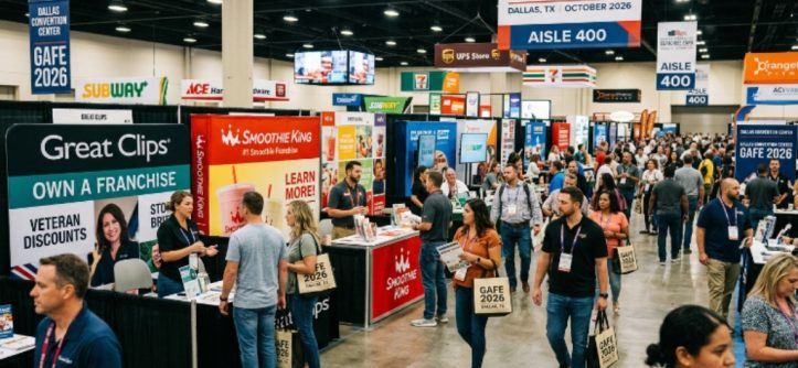 Visitors exploring franchise brand booths at the Great American Franchise Expo in Dallas, Texas, in October 2026