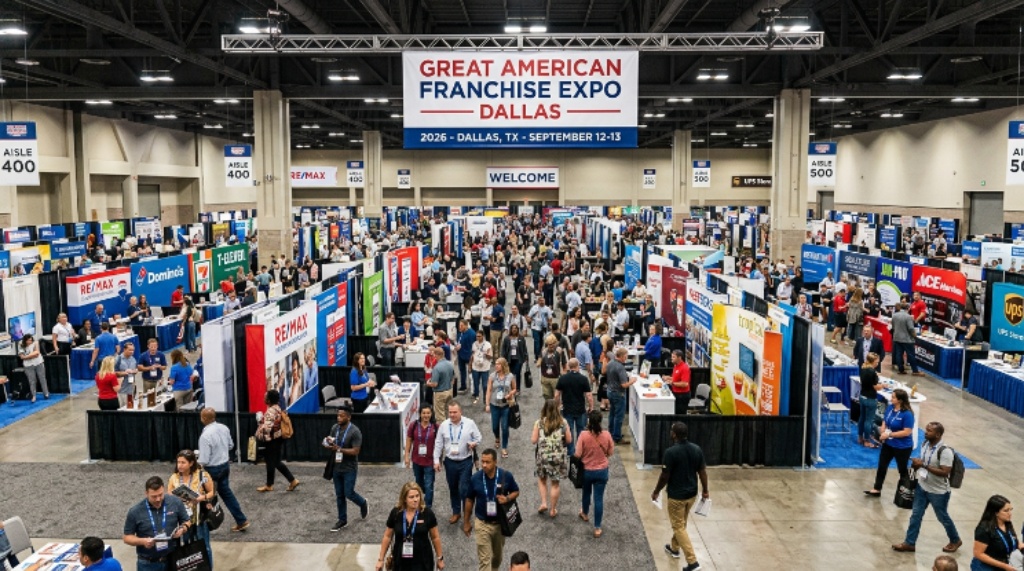 A wide view of exhibitor booths and attendees at the Great American Franchise Expo Dallas 2026