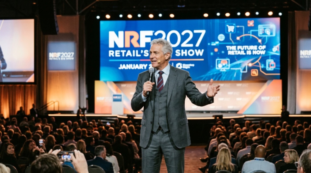 NRF 2027 keynote speaker presenting on stage at Retail's Big Show January conference