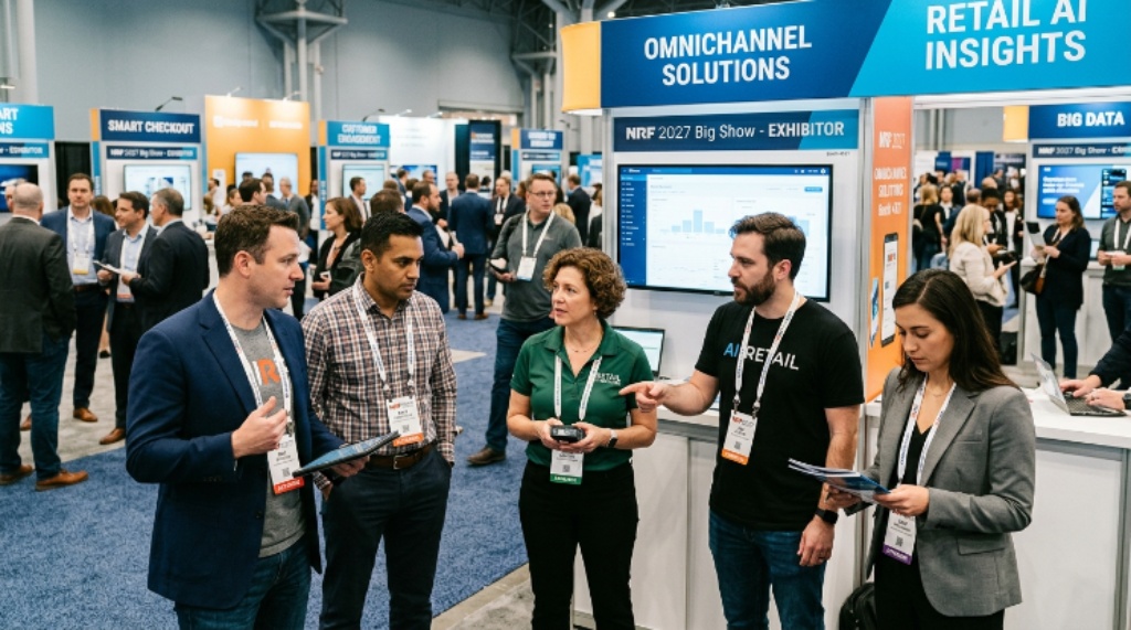 Retail technology exhibitors and attendees networking at NRF 2027 Big Show booth displays
