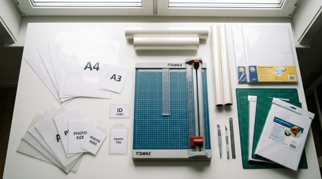 Assorted office laminating pouches and trimmer laid out flat.