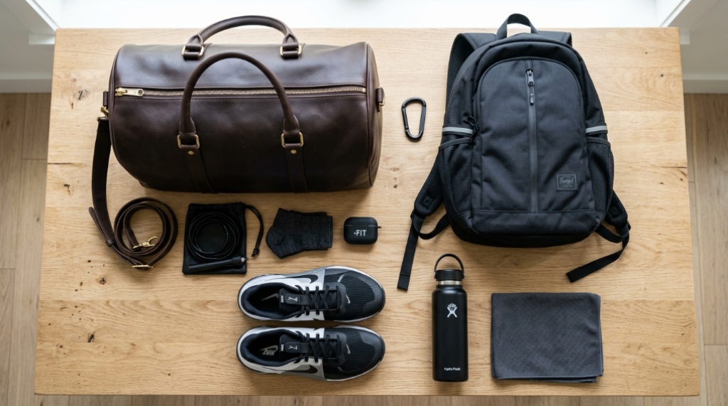 A man packing his workout clothes into a gym duffel