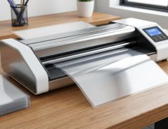Office laminator sealing a document inside a clear pouch.