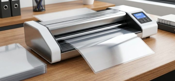 Office laminator sealing a document inside a clear pouch.