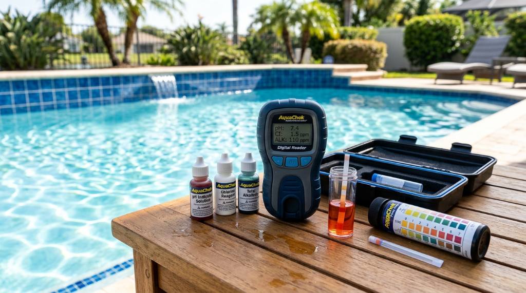 Digital water testing kit resting by residential swimming pool.