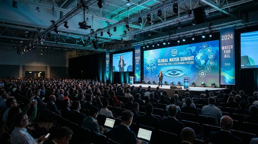 Keynote speaker addressing a large audience at a water industry conference