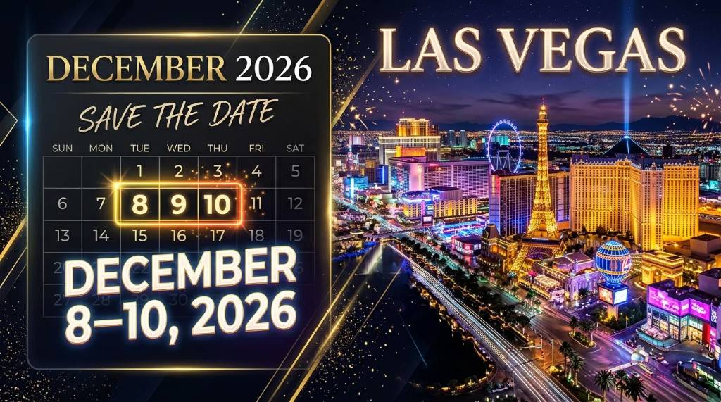 Calendar graphic showing December 8–10, 2026 beside a Las Vegas skyline