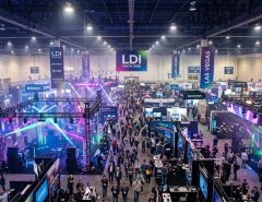Aerial view of the LDI Show 2026 exhibition floor filled with lighting and audio exhibits in Las Vegas