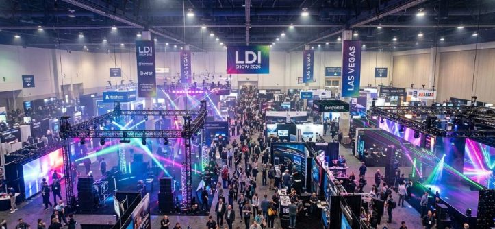 Aerial view of the LDI Show 2026 exhibition floor filled with lighting and audio exhibits in Las Vegas