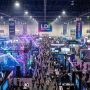 Aerial view of the LDI Show 2026 exhibition floor filled with lighting and audio exhibits in Las Vegas