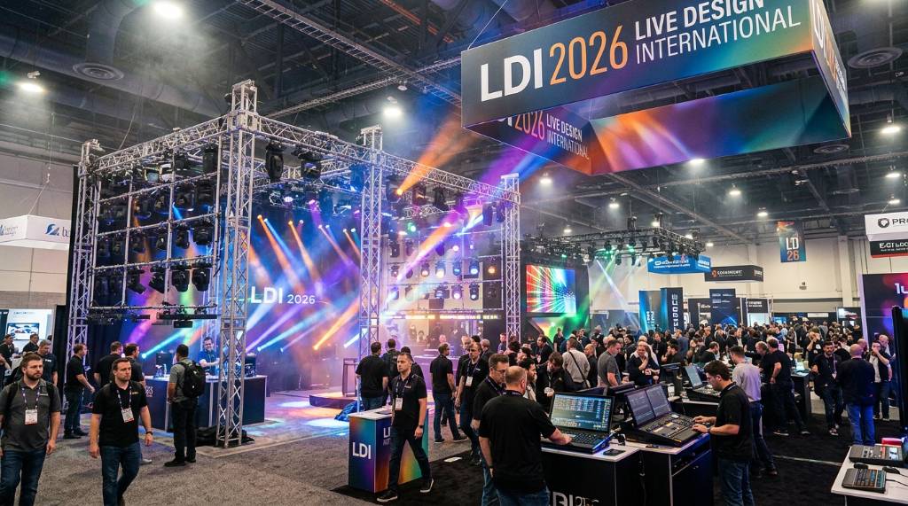 Stage lighting fixtures on display at the LDI 2026 trade show exhibition floor