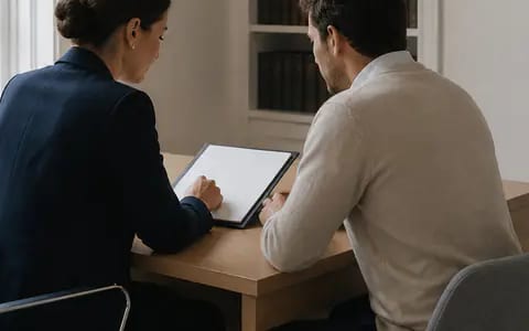 A solicitor and a client reviewing a document together on a tablet across a wooden desk